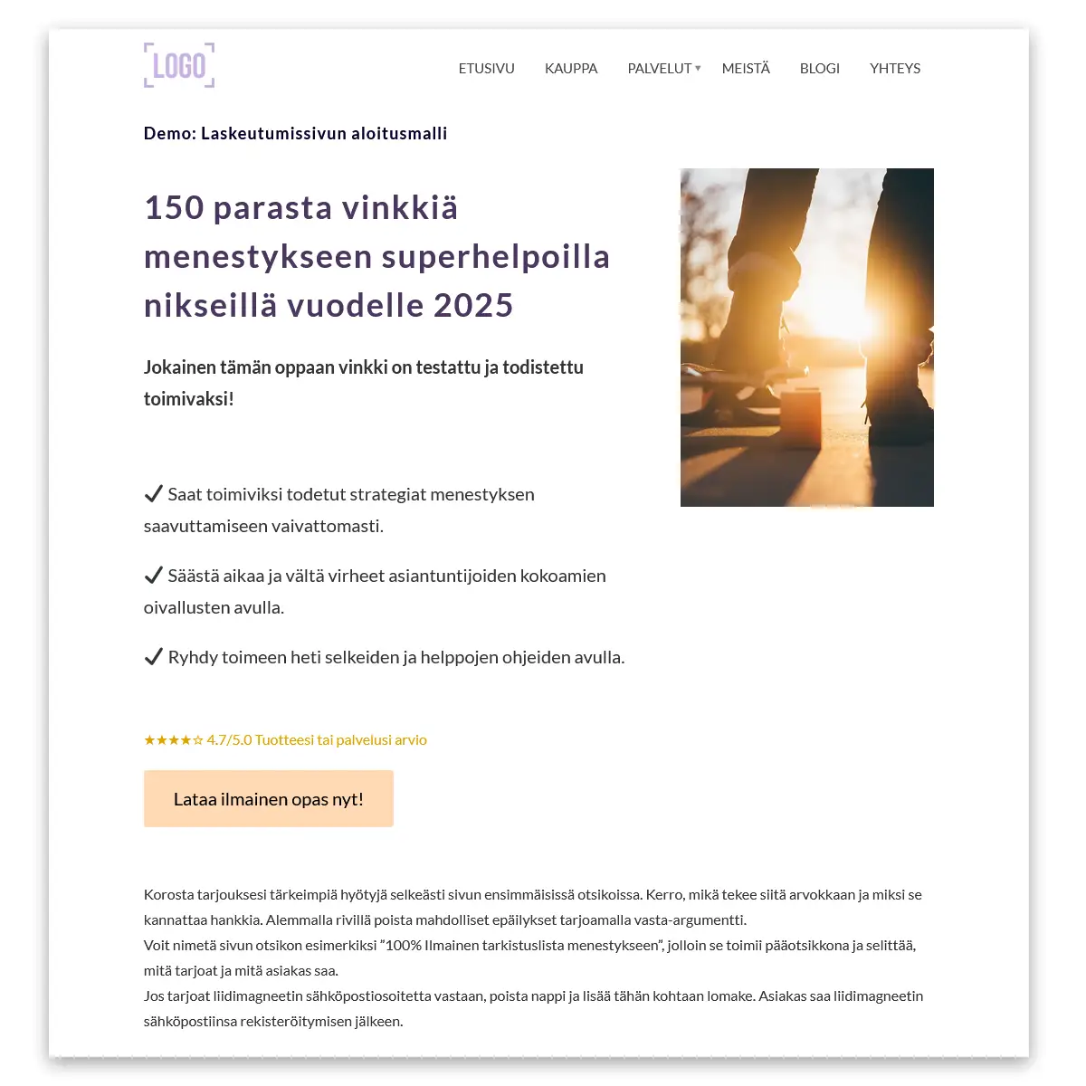 Näyttökuva: laskeutumissivun aloitusmalli